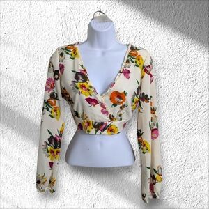 Zara Trafaluc White Floral Crop Top Blouse Long Sleeve Back Tie Bow Summer M